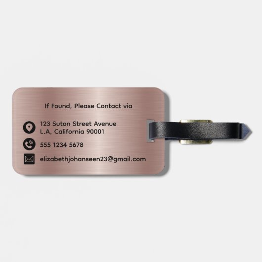 Étiquette À Bagage Moderne Rose Or brossé métal Monogrammé (Dos horizontal)