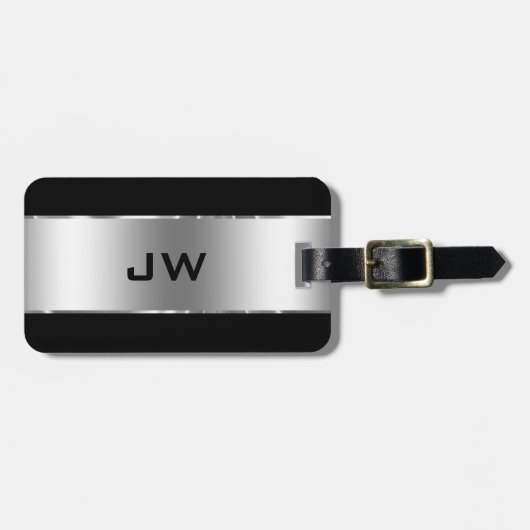 Étiquette À Bagage Moderne simple brillant argent sur noir (Devant horizontal)