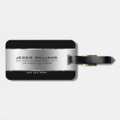 Étiquette À Bagage Moderne simple brillant argent sur noir (Dos horizontal)