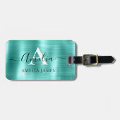 Étiquette À Bagage Moderne Style Turquoise Brossé Métal Monogramme (Devant horizontal)