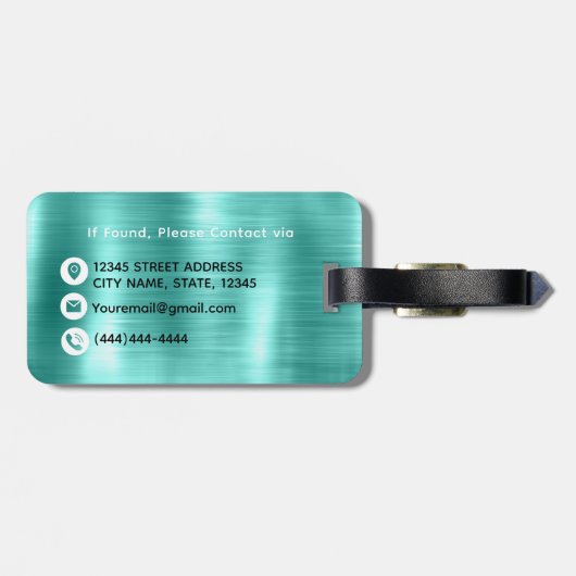 Étiquette À Bagage Moderne Style Turquoise Brossé Métal Monogramme (Dos horizontal)