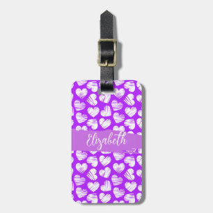Étiquette À Bagage Moderne violet blanc Doodé Coeur Valentine Nom