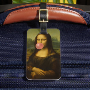 Étiquette À Bagage Mona Lisa soufflant de bulle rose