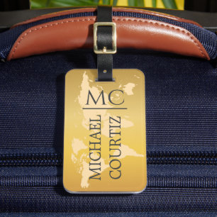 Étiquette À Bagage Monde Carte Voyageur Argent Brush metal Monogramme