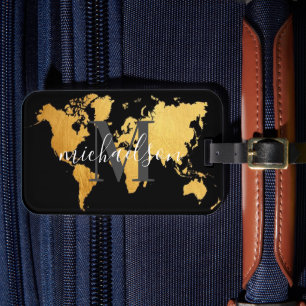 Étiquette À Bagage Monde Carte Voyageur Personnalisé Nom Monogramme L