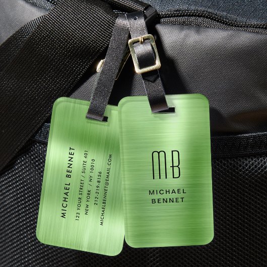 Étiquette À Bagage Monogram Green Métal Brossé