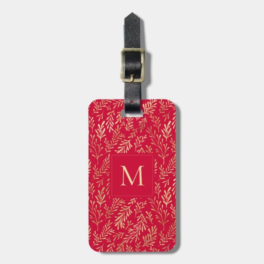 Étiquette À Bagage Monogram Luxury Red Gold Leaf Motif Festive (Devant Vertical)