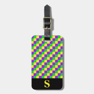 Étiquette À Bagage Monogram Mardi Gras vert, jaune, violet à carreaux