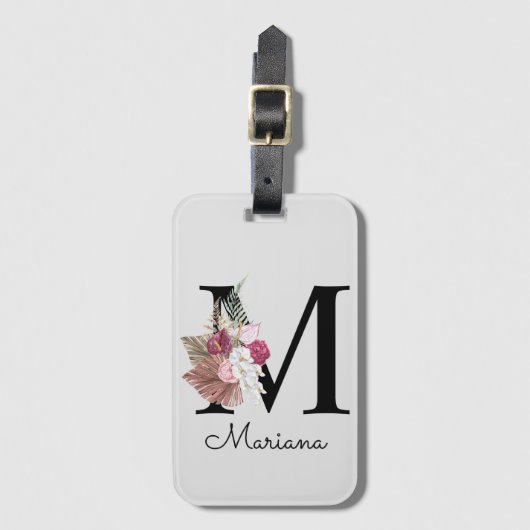 Étiquette À Bagage Monogram Pink Boho Girly Floral Initial M (Devant Vertical)