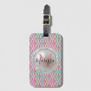 Étiquette À Bagage Monogram rose et vert Pastels Arlequin