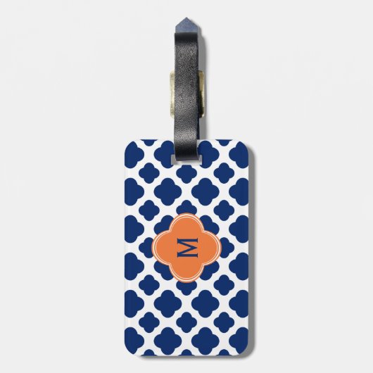 Étiquette À Bagage Monogram Royal Blue Quatrefoil Motif avec orange (Dos Vertical)