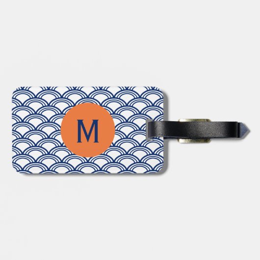 Étiquette À Bagage Monogram Royal Blue Seigaiha Motif avec Orange (Dos horizontal)