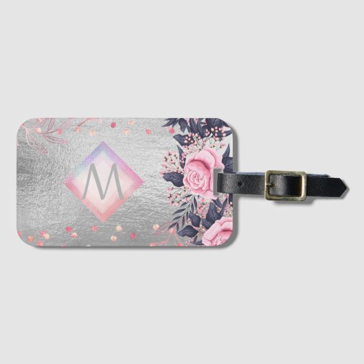 Étiquette À Bagage Monogram Silver Navy Rosegold Girly Newlyweds Cade (Devant Horizontal)