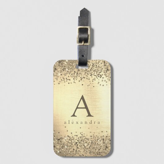 Étiquette À Bagage Monograme de Gold Glitter Foil (Devant Vertical)