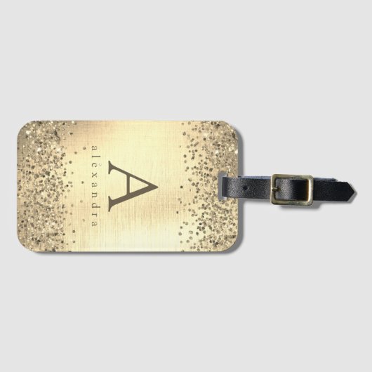 Étiquette À Bagage Monograme de Gold Glitter Foil (Devant Horizontal)
