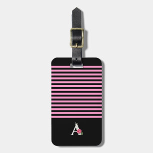 Étiquette À Bagage Monogramme A en rose blanc et rayures de feuilles
