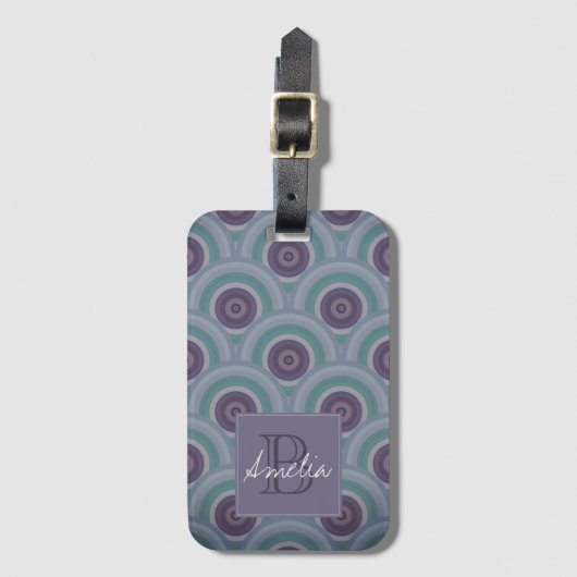Étiquette À Bagage Monogramme à motif de cercles rétro violet et vert (Devant Vertical)
