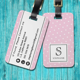 Étiquette À Bagage Monogramme à motif pois rose et blanc féminin