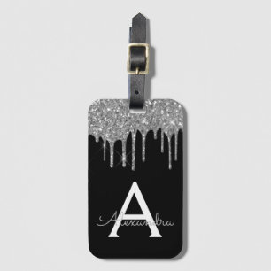 Étiquette À Bagage Monogramme à Parties scintillant noire en argent m