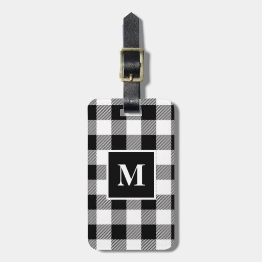 Étiquette À Bagage Monogramme à plis de buffle noir et blanc moderne (Devant Vertical)