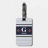 Étiquette À Bagage Monogramme à rayures blanches de la marine nautiqu (Dos Vertical)