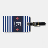 Étiquette À Bagage Monogramme à rayures blanches de la marine nautiqu (Devant horizontal)