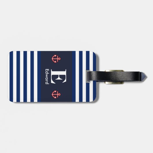 Étiquette À Bagage Monogramme à rayures blanches de la marine nautiqu (Dos horizontal)