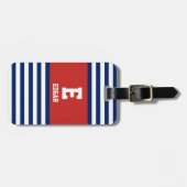 Étiquette À Bagage Monogramme à rayures blanches de la marine nautiqu (Devant horizontal)