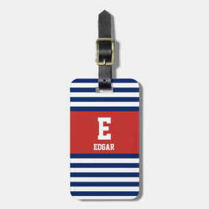 Étiquette À Bagage Monogramme à rayures blanches de la marine nautiqu