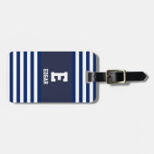 Étiquette À Bagage Monogramme à rayures blanches de la marine nautiqu (Devant horizontal)