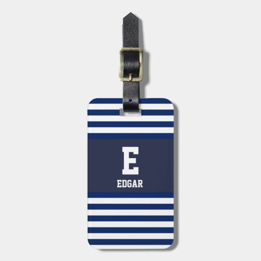 Étiquette À Bagage Monogramme à rayures blanches de la marine nautiqu (Devant Vertical)