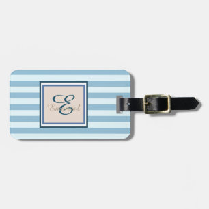 Étiquette À Bagage Monogramme à rayures bleu clair personnalisé