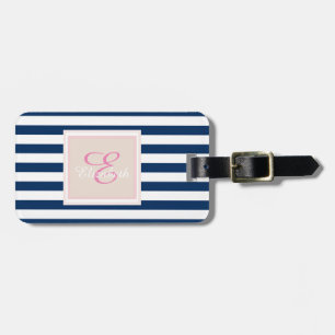 Étiquette À Bagage Monogramme à rayures bleu marine personnalisé