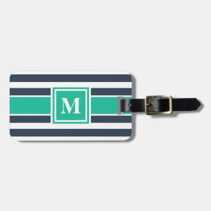 Étiquette À Bagage Monogramme à rayures bleues et blanches de la mari