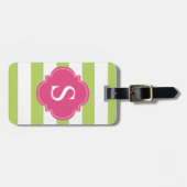 Étiquette À Bagage Monogramme à rayures vertes et roses (Devant horizontal)