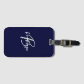 Étiquette À Bagage Monogramme à script blanc gris bleu marine tendanc (Devant Horizontal)
