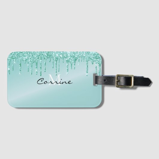 Étiquette À Bagage Monogramme Aqua Parties scintillant à gouttes bleu (Devant Horizontal)