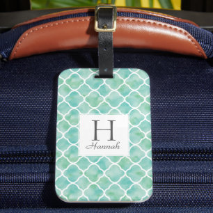 Étiquette À Bagage Monogramme Aquarelle Aqua Green Quatrefoil Motif