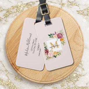 Étiquette À Bagage Monogramme Aquarelle Roses Colorées Fleur Floral