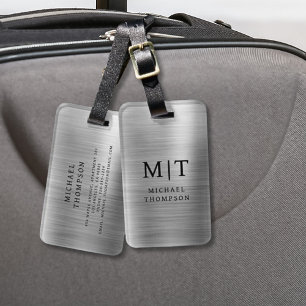 Étiquette À Bagage Monogramme argent brossé métal élégant
