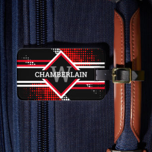 Étiquette À Bagage Monogramme avec doubles lignes sur fond rouge, bla