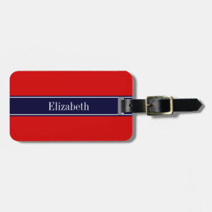 Étiquette À Bagage Monogramme avec ruban bleu marine et fond rouge un