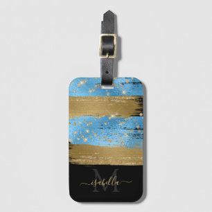 Étiquette À Bagage Monogramme Black Gold Script Blue Gold