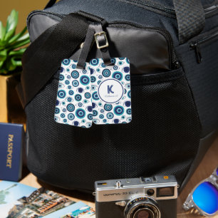 Étiquette À Bagage Monogramme blanc bleu oculaire grec moderne