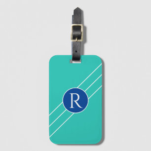 Étiquette À Bagage Monogramme blanc en cercle bleu, lignes diagonales