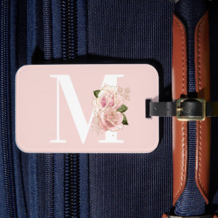 Étiquette À Bagage Monogramme blanc et rose gold pailleté floral