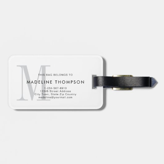Étiquette À Bagage Monogramme blanc gris moderne (Dos horizontal)