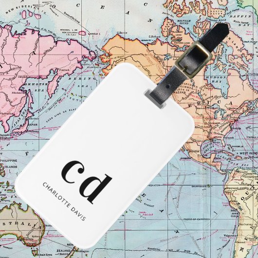 Étiquette À Bagage Monogramme blanc noir nom initiales élégant