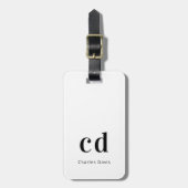 Étiquette À Bagage Monogramme blanc noir nom initiales moderne (Devant Vertical)