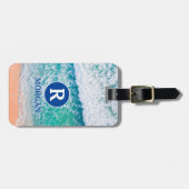 Étiquette À Bagage Monogramme Blanc & Nom Bleu, Vagues De Plage, Info (Devant horizontal)